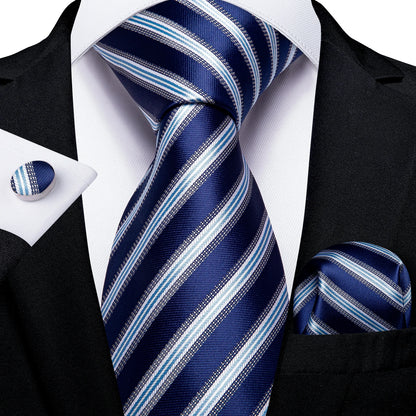 Top Navy Blue Solid Tie for Men 100% Silk Men'S Tie Hanky Cufflinks Neck Tie Suit Business Wedding Party Tie Set MJ-7140
