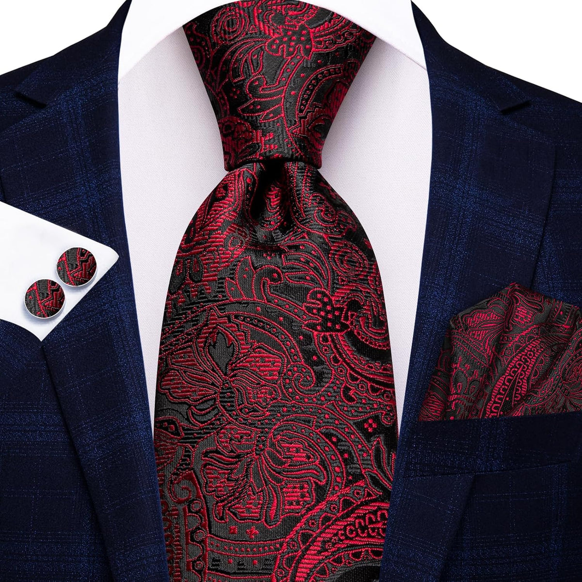 Men 63Inches Tie Set Extra Long Necktie Paisley Tie Pocket Suqare Cufflinks Big and Tall Men Tie