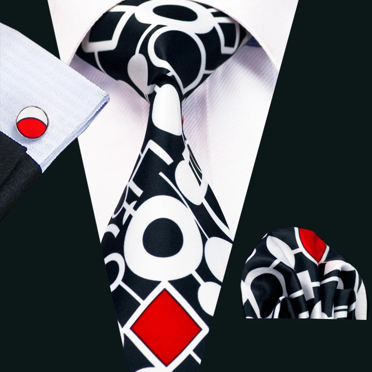 Black Geometric Tie Tie for Men Wedding Tie Party Necktie Handkerchief Cravat  Fashion Designer Tie Set LS-5225