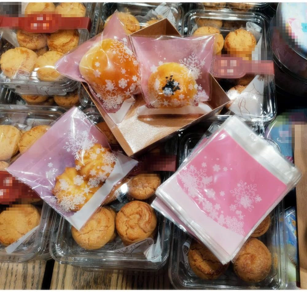 100 PCS Snowflake Cellophane Bags - Clear Self Sealing Pink Plastic Bags for Candy, Cookies & Goodies