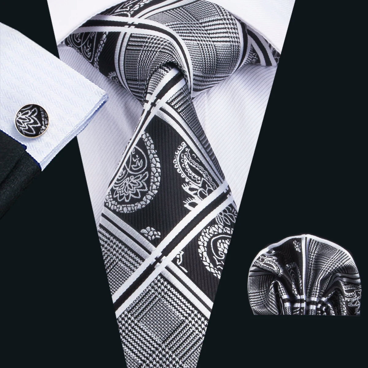 Black Geometric Tie Tie for Men Wedding Tie Party Necktie Handkerchief Cravat  Fashion Designer Tie Set LS-5225