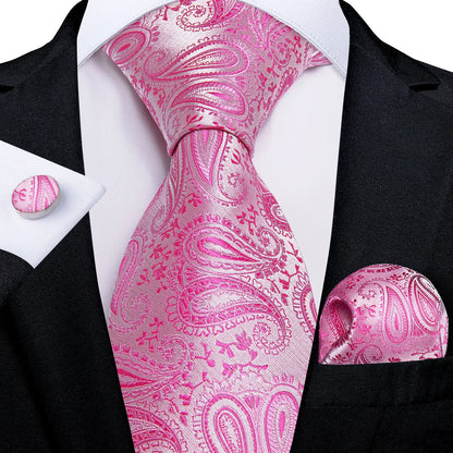 Dibangu Fashion Peach Pink Men Gifts Tie Clip Hanky Cufflinks Tie 150Cm Long Tie for Men Wedding Party Business Tie Set MJ-7195