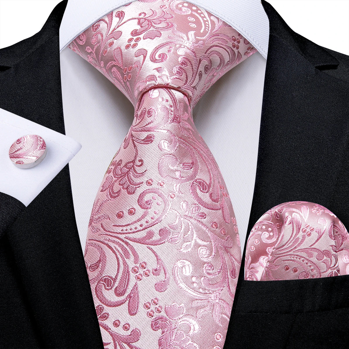 Dibangu Fashion Peach Pink Men Gifts Tie Clip Hanky Cufflinks Tie 150Cm Long Tie for Men Wedding Party Business Tie Set MJ-7195