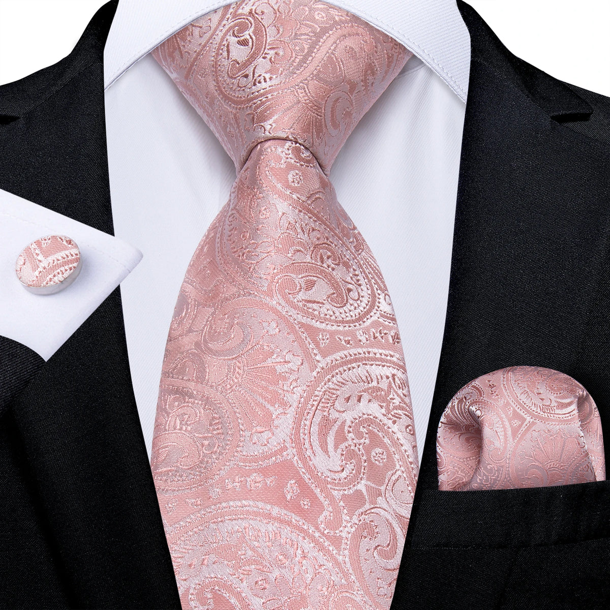 Dibangu Fashion Peach Pink Men Gifts Tie Clip Hanky Cufflinks Tie 150Cm Long Tie for Men Wedding Party Business Tie Set MJ-7195