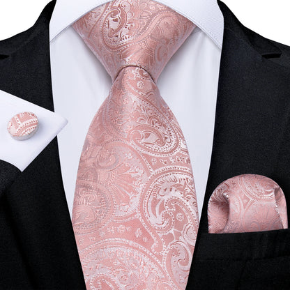 Dibangu Fashion Peach Pink Men Gifts Tie Clip Hanky Cufflinks Tie 150Cm Long Tie for Men Wedding Party Business Tie Set MJ-7195