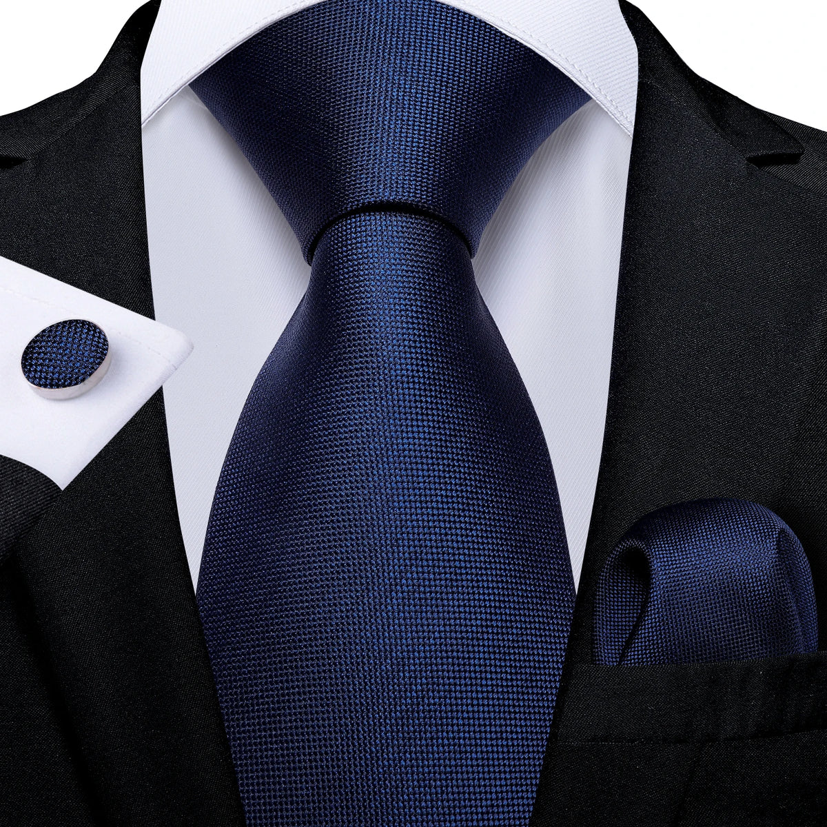 Top Navy Blue Solid Tie for Men 100% Silk Men'S Tie Hanky Cufflinks Neck Tie Suit Business Wedding Party Tie Set MJ-7140