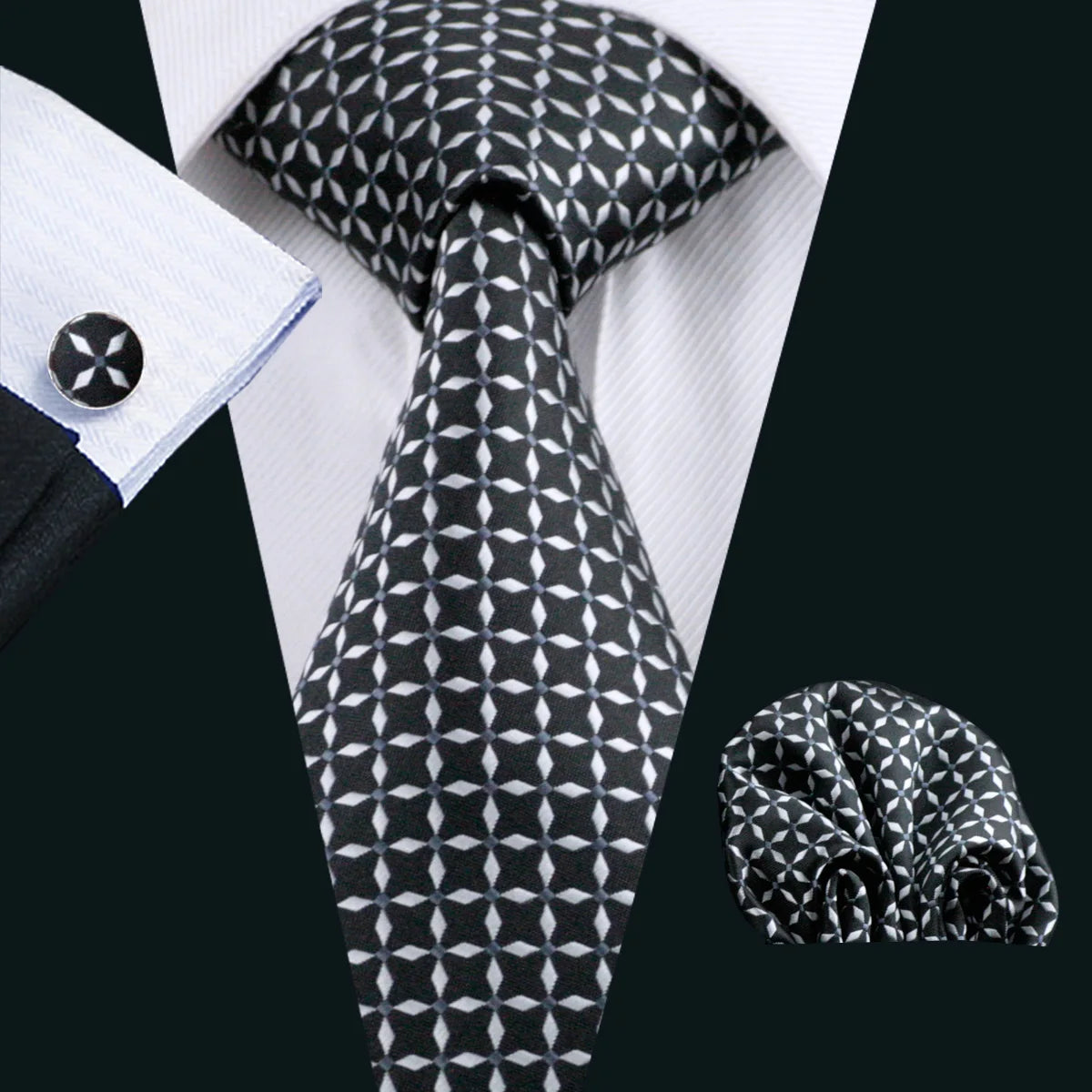 Black Geometric Tie Tie for Men Wedding Tie Party Necktie Handkerchief Cravat  Fashion Designer Tie Set LS-5225