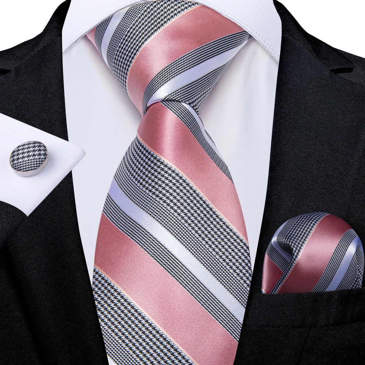 Dibangu Fashion Peach Pink Men Gifts Tie Clip Hanky Cufflinks Tie 150Cm Long Tie for Men Wedding Party Business Tie Set MJ-7195