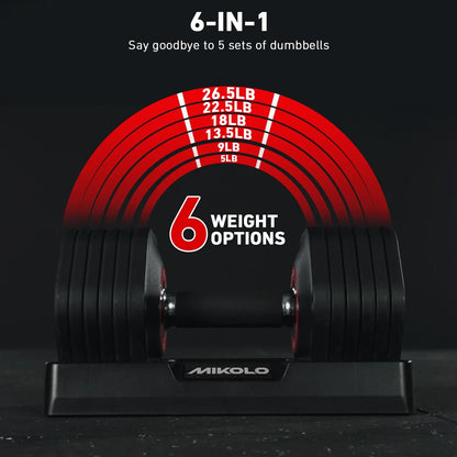 53LB(26.5LB*2) Adjustable Dumbbells Set of 2, 1-Sec Adjustable Weights Dumbbells Set, 5LB - 26.5LB 6 in 1 Free Dumbbell with Anti-Slip Texture Handle, Weight Set for Home Gym