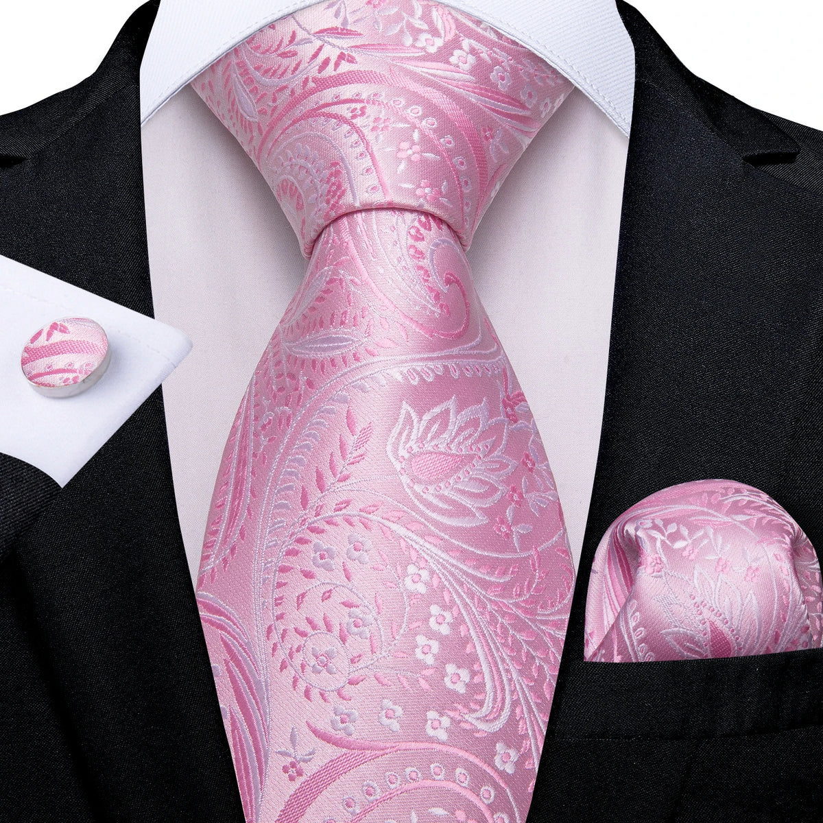 Dibangu Fashion Peach Pink Men Gifts Tie Clip Hanky Cufflinks Tie 150Cm Long Tie for Men Wedding Party Business Tie Set MJ-7195