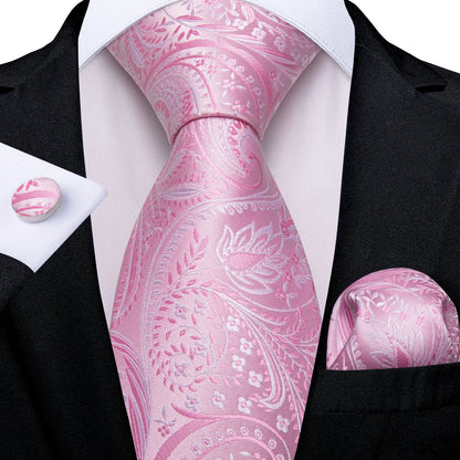 Dibangu Fashion Peach Pink Men Gifts Tie Clip Hanky Cufflinks Tie 150Cm Long Tie for Men Wedding Party Business Tie Set MJ-7195