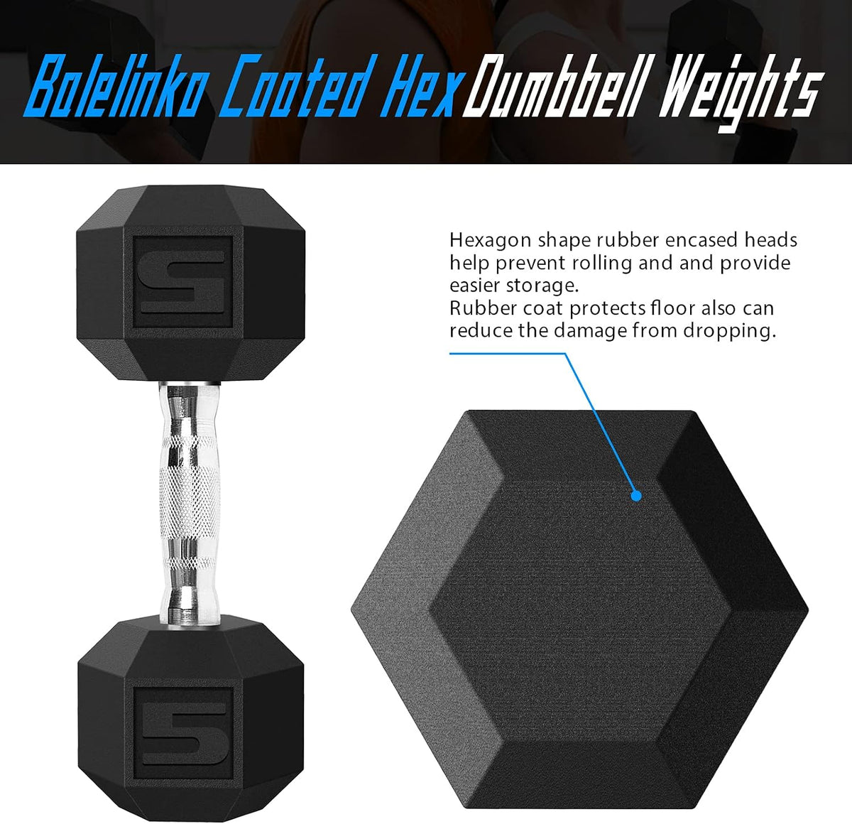 Hex Dumbbells Free Weights Set with Metal Handles Rubber Encased Solid Cast Iron Hex Dumbbell in Pair, 5 LBS