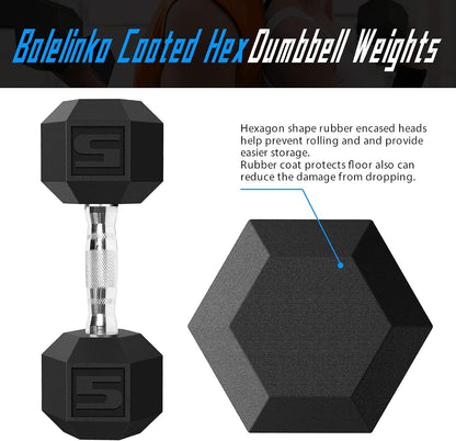 Hex Dumbbells Free Weights Set with Metal Handles Rubber Encased Solid Cast Iron Hex Dumbbell in Pair, 5 LBS
