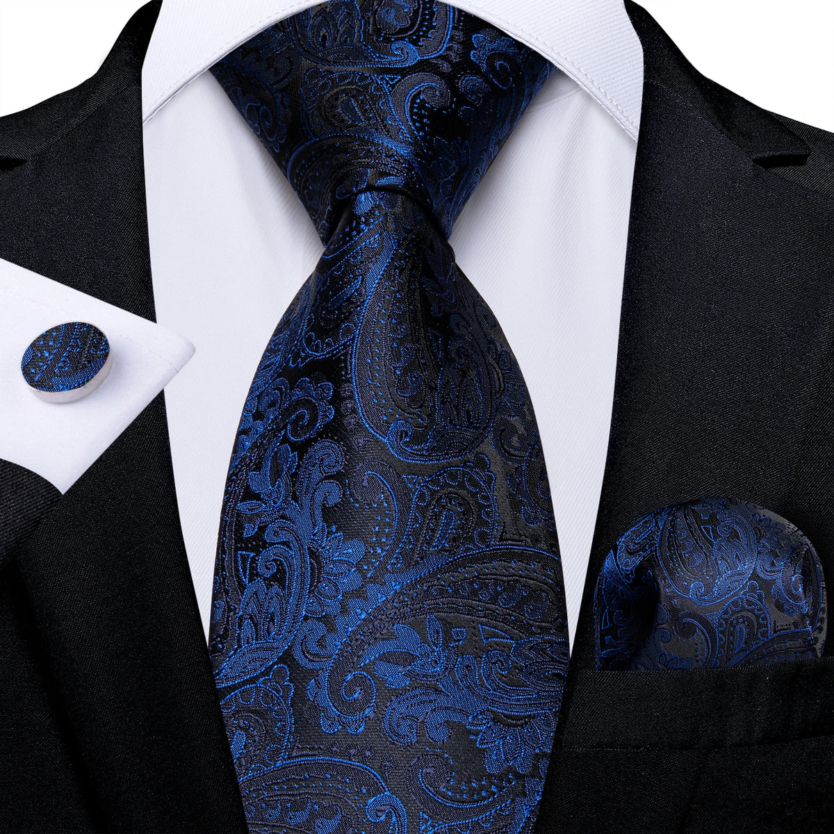 Top Navy Blue Solid Tie for Men 100% Silk Men'S Tie Hanky Cufflinks Neck Tie Suit Business Wedding Party Tie Set MJ-7140