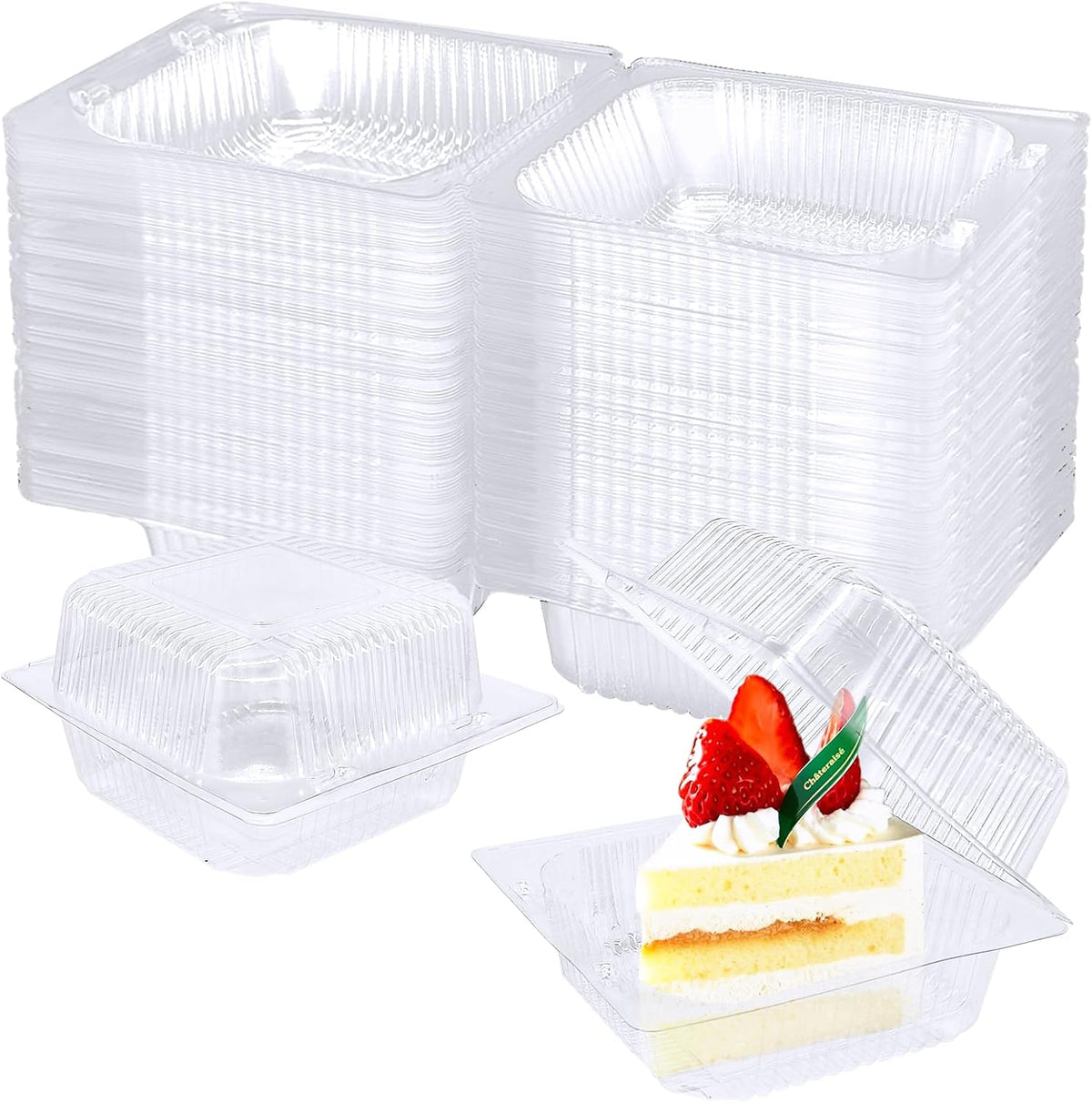 100 Pack Clear Plastic Square Hinged Food Clamshell Container,Disposable to Go Cake Slice Container,Clear Plastic Food Containers for Cookies,Desserts,Fruits,Salads,Sandwiches
