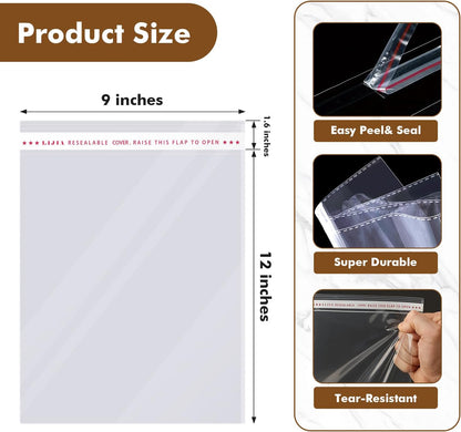 200 Ct 9” X 12” Clear Cello Cellophane Bags Self Sealing and Releasable Food Safe for Shirts, Gift, Cookies, Candies 1.6 Mil, Bulk