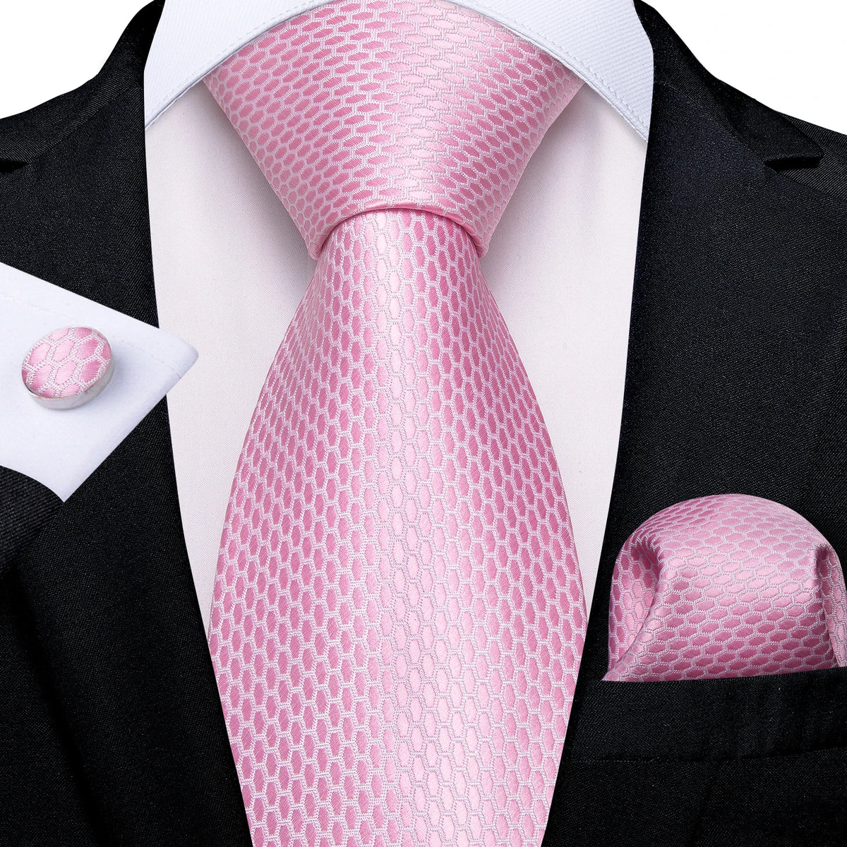 Dibangu Fashion Peach Pink Men Gifts Tie Clip Hanky Cufflinks Tie 150Cm Long Tie for Men Wedding Party Business Tie Set MJ-7195