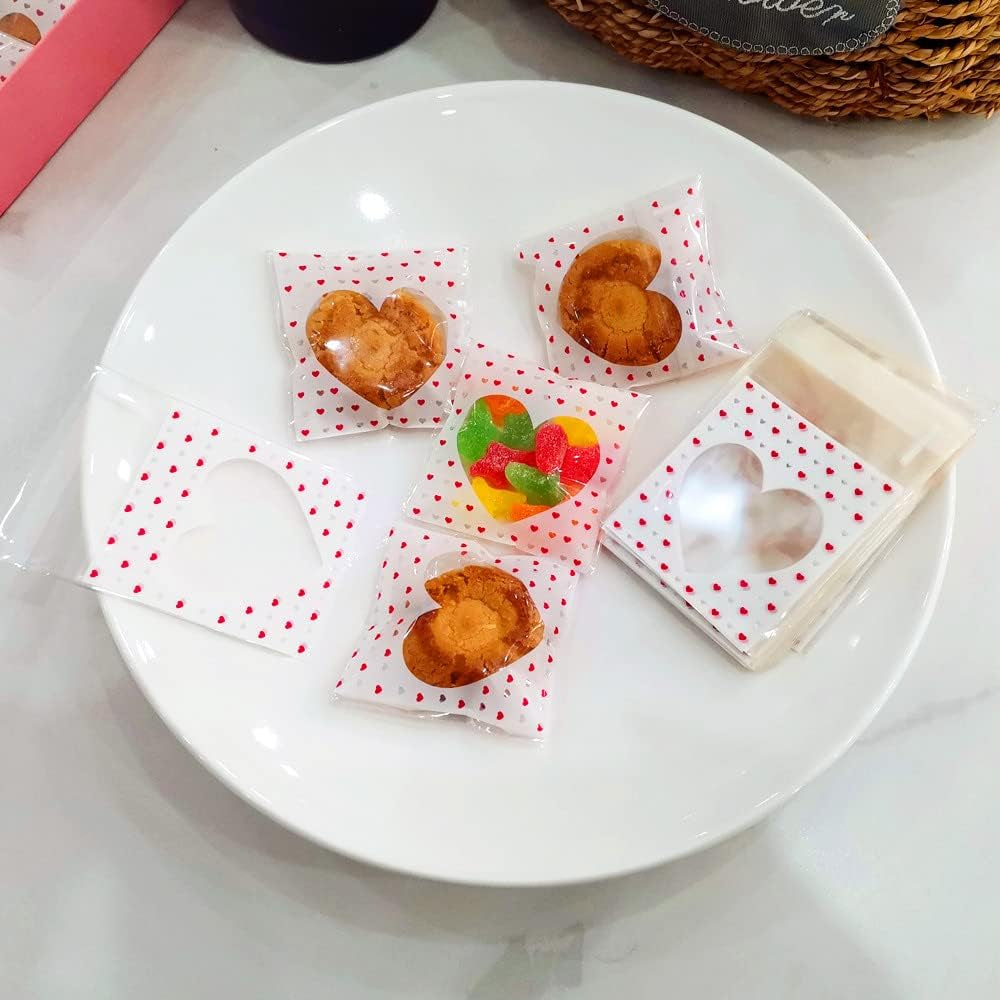 200 PCS Valentine Heart Mini Cookie Bags - Self Sealing Cellophane Bags for Candy & Bakery Supplies