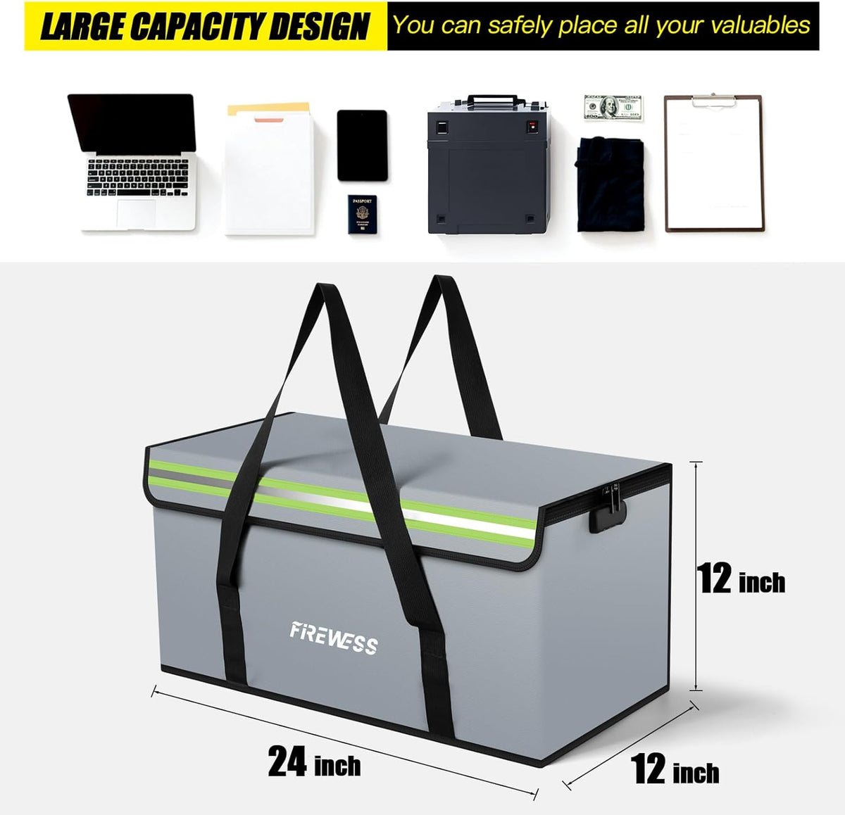 Large Fireproof Document Bag, 24X12X12'' Waterproof Safe Bag, Large Capacity Document Storage Box with Reflective Strips, Firesafe Box for File,Cash,Passport,Keys